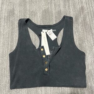 Mustard Seed Charcoal Sleeveless Crop Top with Gold Buttons
